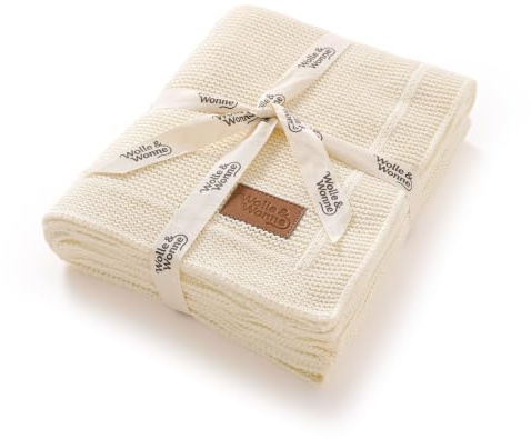 Wolle & Wonne Baby-Sichere Weiche Gestrickte Baumwolldecke - Neugeborenen-Pucktuch Kinderbett-Bettwäsche (beige)