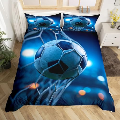 3D Soccer Duvet Cover Set Queen, Boys Football and The Soccer Ball Decorative Bright Blue Comforter Cover Set 3 Pieces Bedding Set with 2 Pillow Sham, Zipper, Youth Sports Theme Bedspread Bedclothes