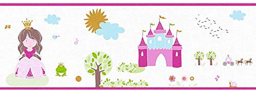 Märchen Tapeten Bordüre | Mädchenzimmer Tapetenbordüre mit Froschkönig und Prinzessin | Bunte Vlies Kindertapete ideal für Mädchen