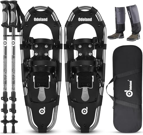 Odoland Set di racchette da neve 4 in 1 per uomini e donne giovani, racchetta da neve con ghette impermeabili e tote bag, nero, L(76,2 cm)