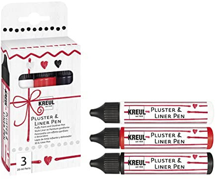 Kreul 49830-Pluster & Liner Pen 3 x 29 ml in Bianco, Fragola e Nero, Vernice pluster per Effetti di Decorazione e abbellimento 3D, Multicolor, One size, 87 unità