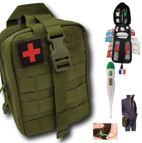 Trousse de secours randonnée complete militaire verte tactique survie Assemblée en FRANCE kit survie avec thermomètre digital + 3 tire tiques Conçue,voyage,maison