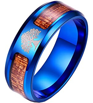 PAMTIER Herren 8MM Baum des Lebens Intarsien Holz Edelstahl Bandring Blau Größe 72 (22.9)
