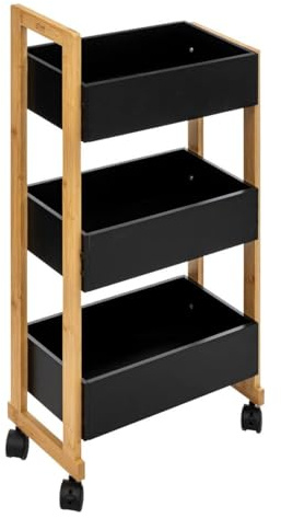 Five - Desserte roulante de Salle de Bain 3 Niveaux en Bambou et Bois Noir H 80 cm