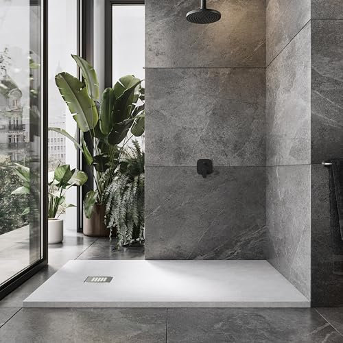 Go Bathrooms 1200 x 800mm White Slate Shower Tray Anti Slip Flat Stone Rectangle Shower Base for Enclosure Cubicle and Wetrooms Cut to Size