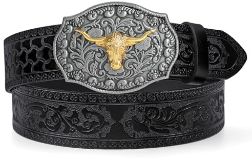 LEACOOLKEY Western Gürtel für Männer Frauen Cowgirl Cowboy geprägte gravierte Tooled Ledergürtel mit Schnalle für Jeans Hosen Rodeo
