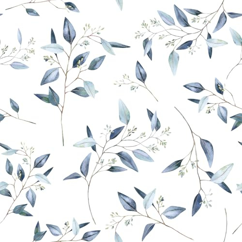 Laatse Blue Leaf Contact Paper 17.5In x 118In Boho Leaf Wallpaper Peel and Stick Vinyl Self Adhesive Waterproof Farmhouse Wallpaper Vintage Floral Wall Paper for Bedroom Countertop Drawers Decor
