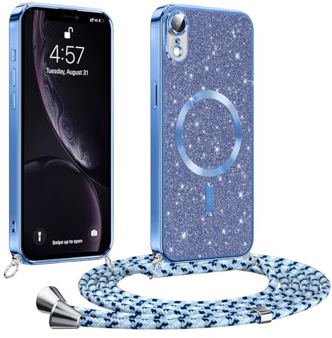 Phoona handyband Hülle für iPhone XR mit Band, Glitzer Handyhülle Kompatibel mit MagSafe, Ganzkörperschutz Kratzfeste Stossfest Schutzhülle mit Einstellbar Kette, Blau