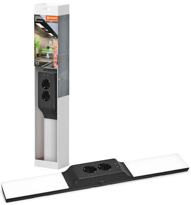 LEDVANCE rahmenloses Unterschrank-Leuchten-Kit mit Steckdosen und USB-C Ladestationen Flood, 10 W, 500 lm, 3000 K, 830 warmweiß, dimmbar, schwarz, Kunststoff (PC), IP20