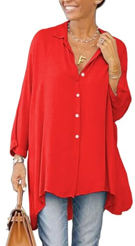 Cicy Bell Blusa de mujer de manga larga con botones y cuello en V, camiseta de satén de verano, elegante, camiseta de color liso, camiseta informal, rojo, XL