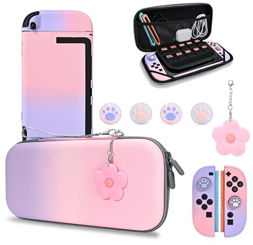 DLseego Étui de Transport pour Switch 2,Pochette de Transport et de Rangement avec Robuste Coque de Protection,Capuchon de Poignée de Pouce et 1 Breloque Fleur,Rose+Violet