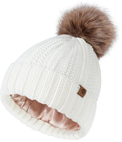 Creekstone tofsmössa satin fodrad mössa för kvinnor flickor, pom pom mössa, varm vinterhatt stickade mössor med fuskpäls pompom, Vitt, one size