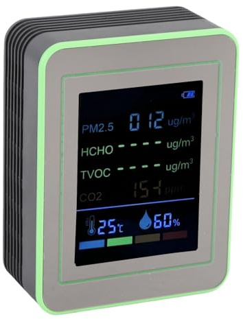 Irfora Misuratore di qualità Dell'aria, Misuratore di qualità Dell'aria Portatile, PM2.5 Rilevatore Umido di Temperatura HCHO TVOC CO2 per Uso Interno, Batteria Integrata (Nero e verde)