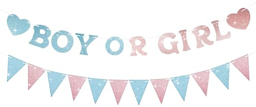 Cosblisvia gender reveal decoration Boy or Girl Gender Reveal Party Deko Banner, Glitzer Banner Vorgespannt für Werdende Eltern, Freunde und Gäste, Ideal für Babyparty und Enthüllungsfeier