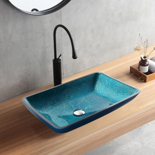 Homary Lavabo Salle de Bain Verre Trempé Rectangulaire Bleu Verdâtre Moderne, 56.5 x 37.5 x 10 cm, Durabilité & Élégance pour Salon de Bain Élégant