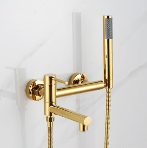 Borstat guld väggmonterad duschblandare med 90° vridbar enkelspak design komplett set med duschhuvud och slang modern badrumsarmatur