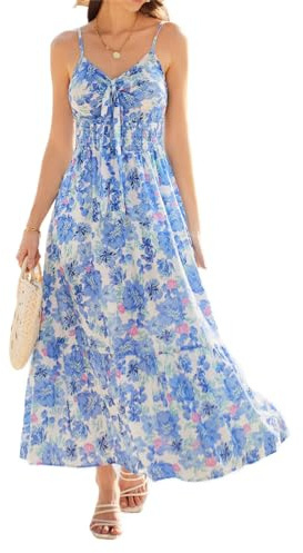GRACE KARIN Abito da donna con scollo a V, senza maniche, estivo, linea ad A, maxi abito da spiaggia, per il tempo libero, con tasche, Blu, L