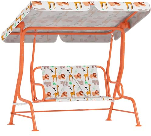 AIYAPLAY Dondolo per Bambini da Esterno a 2 Posti con Tettuccio Regolabile e Cinture di Sicurezza, Altalena Dondolo da Giardino e Interno in Acciaio e Oxford, Max 60 kg, 112x75x120 cm, Arancione