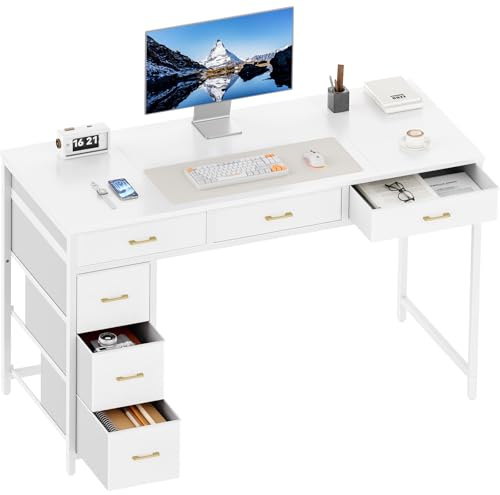 SOLAVERO Scrivania con 6 Cassetti in Tessuto, 120 x 50 cm Scrivania Salvaspazio Reversibile, Tavolo Computer per Casa Ufficio, Camera da Letto, Soggiorno, Bianco