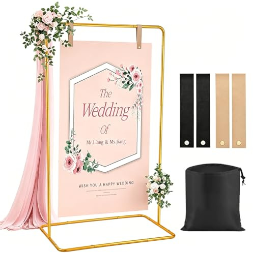 173 x 80 cm, porta cartello di benvenuto per matrimonio, con 4 cinghie in pelle, supporto per poster per matrimonio, supporto per cartello pubblicitario, arco per palloncini (oro)
