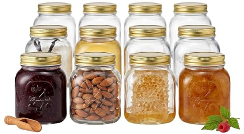 UNIQUE HOME LIVING Glass Storage Jar Set of 12, Airtight Twist Off Lid Fruit Embossed Square Clear Glass Container, 500ml Preserving Jars for Fruits, Jams, Drinks, Spices, Snacks, Beverage, Reusable