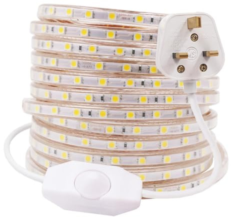 GQL 10m Dimmable LED Strip Mains Powered, Warm White SMD 5050 60leds/m IP65 Waterproof Commercial Rope Light with UK Plug, DIY Indoor Outside Decor Ribbon Lighting