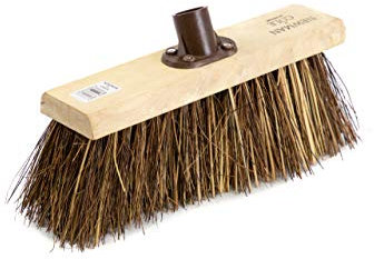 Newman and Cole 13 Wooden Broom Head with Stiff Bassine and Cane Mix Natural Hard Bristle - Replacement Wooden Broom Head Outdoor Garden Yard Brush Sweeping Brush Fitted Fixing Bracket Connector