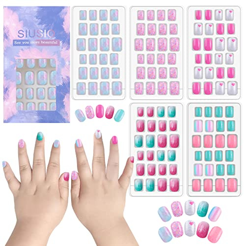 120 Stück 5 Pack Kinder Nägel zum Aufpressen vorklebend Glitzer Farbverlauf Farbverlauf, kurz, Geschenke für Kinder, kleine Mädchen, mehrfarbiger Farbverlauf