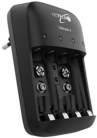 HEITECH Chargeur de Piles Rechargeable - Ultimate 4 pour Batterie Rechargeable AAA, AA & 9V NiMH - Chargeur Rapide de Batterie Quadruple pour Charger Les Batteries Rechargeables et Les accus
