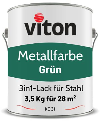 Viton Metallfarbe in Grün - 3,5 Kg Metall-Schutzlack Seidenmatt - Dauerhafter Schutz & hohe Beständigkeit - 3in1 Grundierung & Deckfarbe - Metalllack direkt auf Rost - KE31 - RAL 6005 Moosgrün