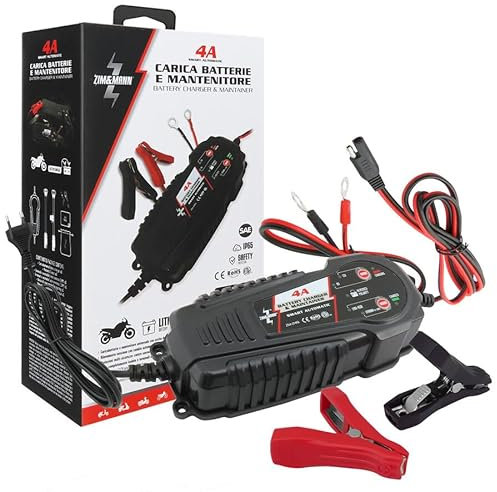 ZIM&MANN Caricabatteria e Mantenitore Moto 4A | 6V/12V, Universale per Batterie Piombo WET MF AGM GEL | Protezione, Rilevamento Intelligente, Indicatore LED