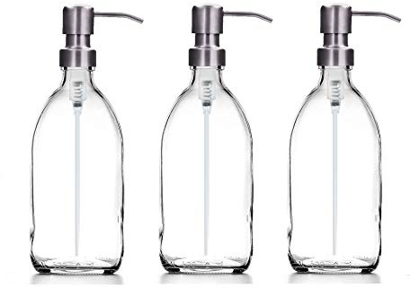 Clear Glass Bottles 500ml Soap Dispenser with Metal Pump (BPA-Free) Clear Flint Glass Empty Soap Dispensers – Reusable Refillable Eco friendly, Sustainable Living/Gift (Brushed Steel, 3)