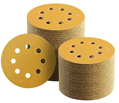 Keeimp 100 Pcs 5 Inch Sanding Discs Hook and Loop, 220 Grit Sandpaper for Woodworking or Automotive, 8 Hole Gold Premium Dustless Random Orbit Sandpaper