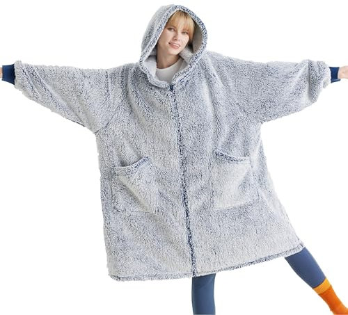 Bedsure Couverture à Capuche avec Manches Sherpa - Couverture Douillette avec Manches - Pull Douillet - Couverture Portable - Cadeau pour Femme, Bleu Marine, 100x78 cm