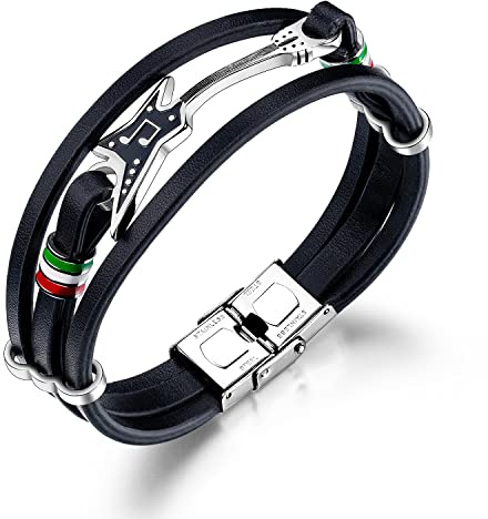 Ategazza Herren Armband Leder Edelstahl Gitarre Musik Design Lederarmband 21cm Modeschmuck Geschenke mit Box & Beutel gb509