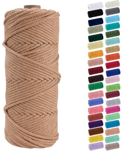 Binwat Cordón de macramé grueso de algodón natural para manualidades, hilo trenzado, cuerda de algodón para colgar en la pared, ganchos de plantas, tejer, proyectos decorativos, 4 mm x 100 m (marrón