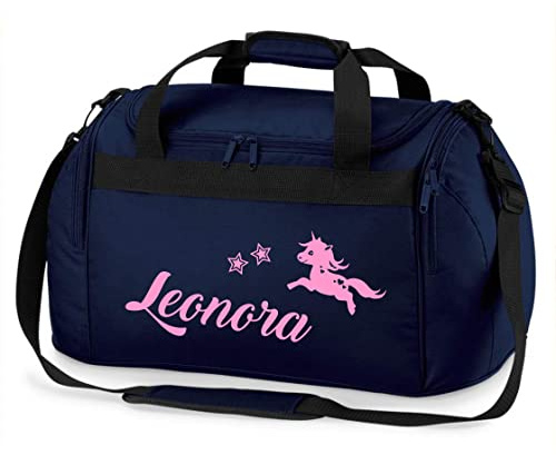 Sporttasche Mädchen mit Namen |springendes Einhorn und Sterne | Personalisierbare und Bedruckte Reisetasche Duffle Weekender Bag (dunkelblau)