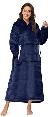 Sendowtek Wearable Blanket for Women Men Long Sherpa Hoodie with Giant Pocket Cosy Onesize Hoodie Blanket Fit for Adult Teens (Navy Blue)