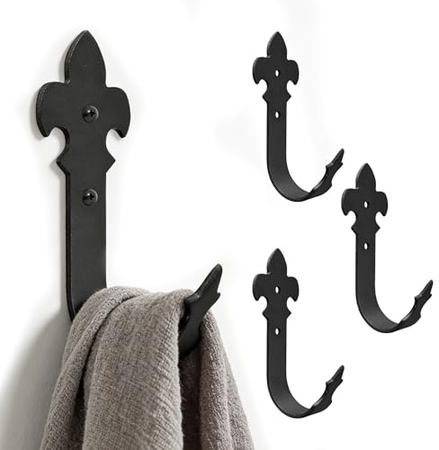 KOXHERO Wrought Iron Hooks Black Decorative Wall Hook Large Garage Storage Utility Heavy Duty Hook Hanging Clothes Hat Bag Robe Key for Bedroom Bathrooms Entryway Pack of 4