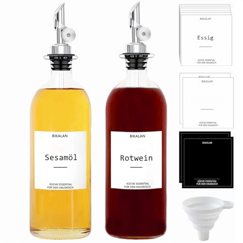 BIKALAN Essig und Ölflaschen Set, 500ml Kaffee Sirup Spender, Ölspender, Mundspülung Kaffeesirupspender Automatisches Öffnen und Schließen Olivenöl Flasche, mit 22 Aufkleber, Trichter