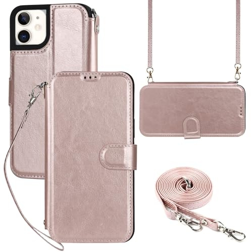ELTEKER Hülle für iPhone 12 Mini Handyhülle mit Band Crossbody Strap, Klapphülle mit dem Verstellbaren Umhängeband - Rosa