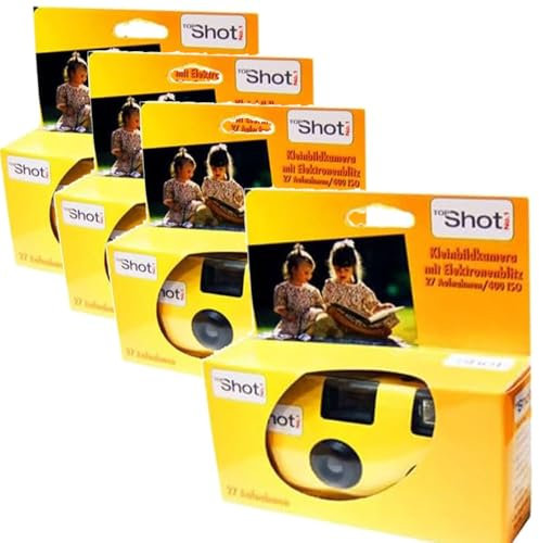 Lot de 4 appareils photo jetables TopShot 1A - Jaune - Pour mariage, fête - 27 photos - Avec flash et piles