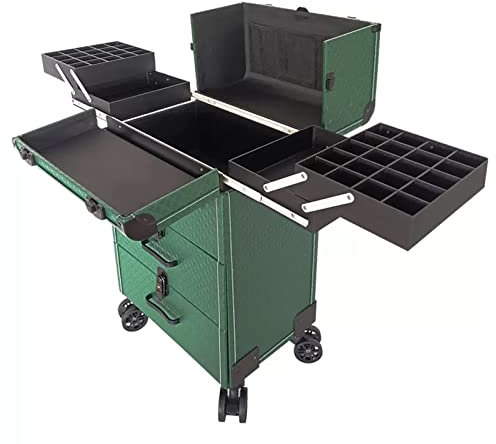 Professionelle Makeup Organizer Tasche Schminktasche Train Case, Kosmetik Trolley Rollkoffer Schminkkoffer Mit 360° Drehbaren, Professioneller Reise Make Up Tasche Artist Train Case Trolley Grün