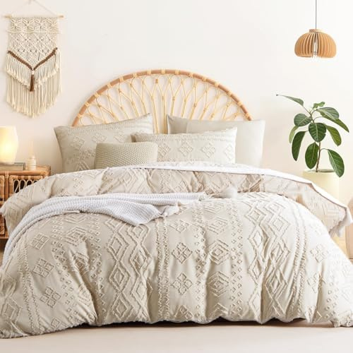 Sedefen Boho Bettwäsche 220x240 cm Beige Getuftet Geometrisch Muster Wendebettwäsche Set Stickerei Shabby Chic Böhmen Bettbezug mit Reißverschluss und 2 Kissenbezug 80x80cm
