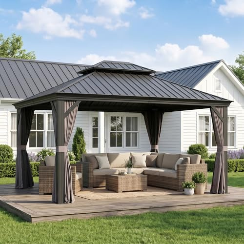 PURPLE LEAF Alu Pavillon 3 x 4 m mit Seitenteilen Hardtop-Dach, Grau | Regenrinne, Garngefärbter Stoff Vorhänge, Teslin-Netzgewebe, Vorgebohrte Löcher Alu-Säule, Rostfreies Metalldach, Feste Haken
