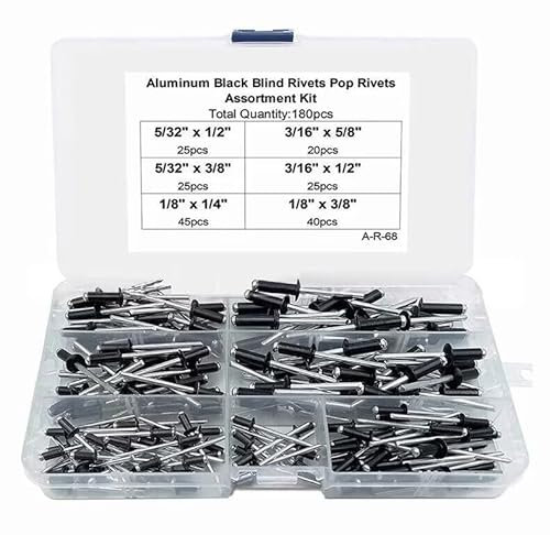 Juego de 180 remaches ciegos de aluminio con cabeza de hongo para romper mandril, remaches negros para clavos, cabeza redonda plana, 1/8 5/32 3/16