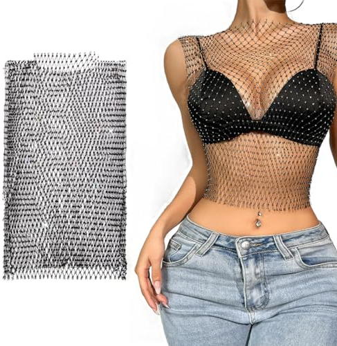 NHPY 1 Piezas Camiseta Rejilla Mujer, Top Mujer Fiesta, Rhinestone Brillante Malla Cuerpo Cadena Tops para Mujeres Brillante Bikini Crop Top (Negro,M)