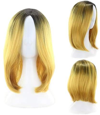 Healeved Damen Bob Perücke Kurz Gelb Farbübergang Synthetisch Hitzebeständig Cosplay Alltag