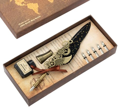 LICHENGTAI Schreibfeder Set, Kalligraphie Feder und Tinte Set, Schreibfeder mit 5 Ersatzspitzen und Tintenfass, Vintage Calligraphy Set für Geschenk