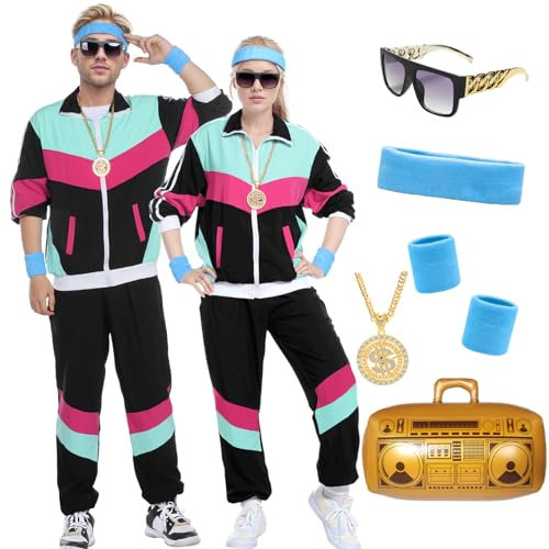 Angenster 80er Jahre Outfit Herren Damen, 80er 90er Outfit 80er Jahre Kleidung Retro 80s Outfit mit Schweißbänder Brille Halskette Ballon, 90er Jahre Outfit für Karneval Halloween (Schwarz, M)